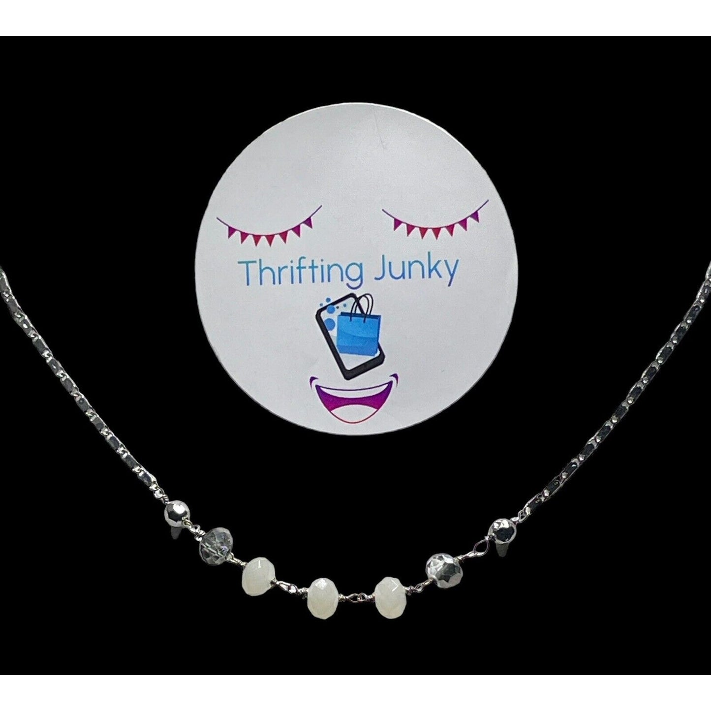 WHBM Gray & Silver Round Faceted Bead Crystals 18" Silver Necklace EUC GORGEOUS