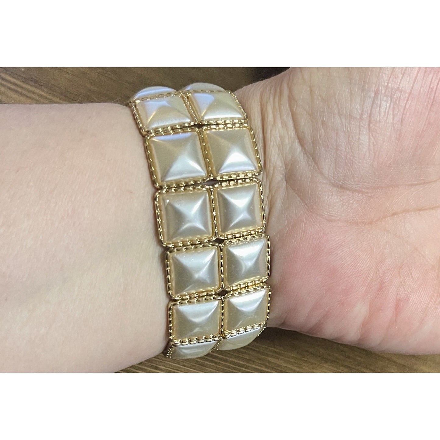 Vintage Retro Art Deco Faux MOP Panel Link Gold-tone Bracelet EUC Gorgeous
