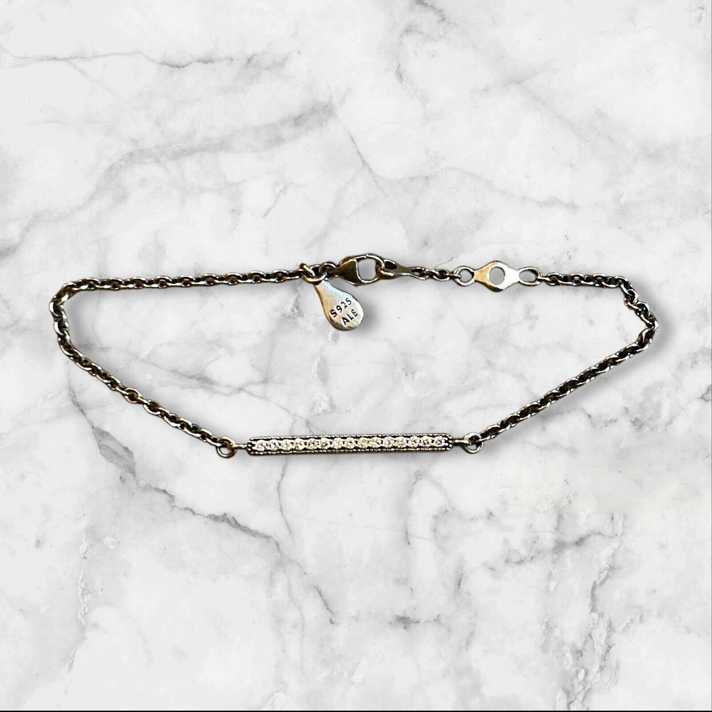 Vintage Retro Pandora ALE 925 Crystal Bar Child | Thin Wrist Silver 6" Bracelet