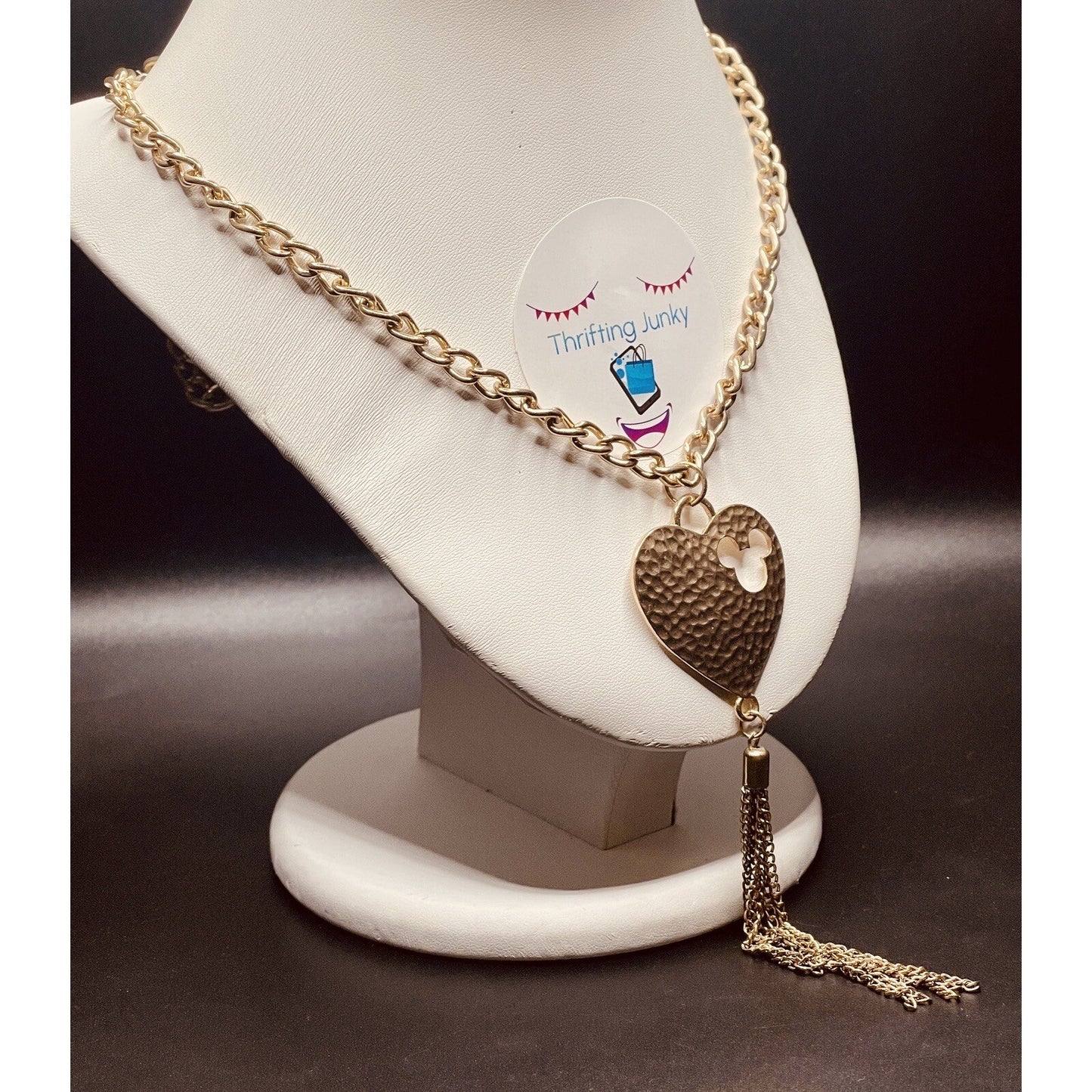 Disney Heart Mickey Cut Out Gold Tone Tassel Hammered 40" Necklace EUC Gorgeous
