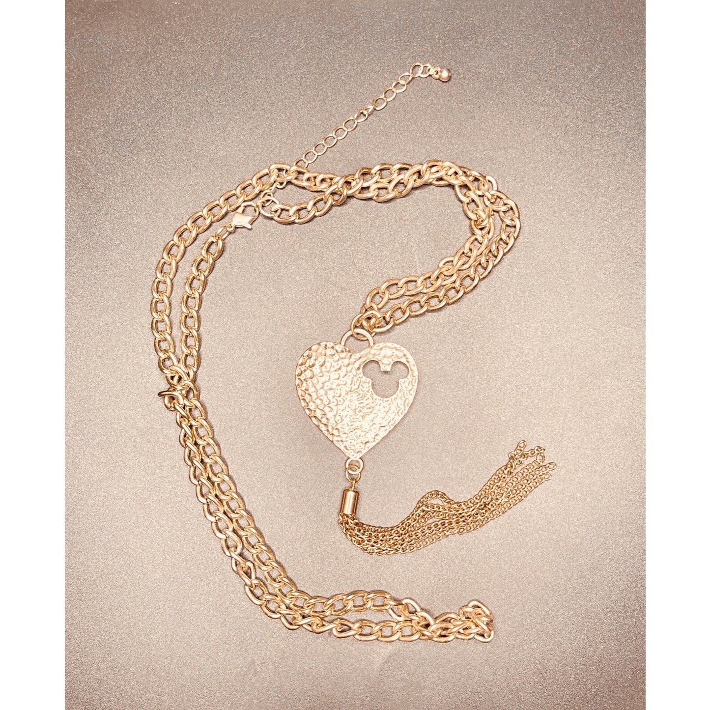 Disney Heart Mickey Cut Out Gold Tone Tassel Hammered 40" Necklace EUC Gorgeous