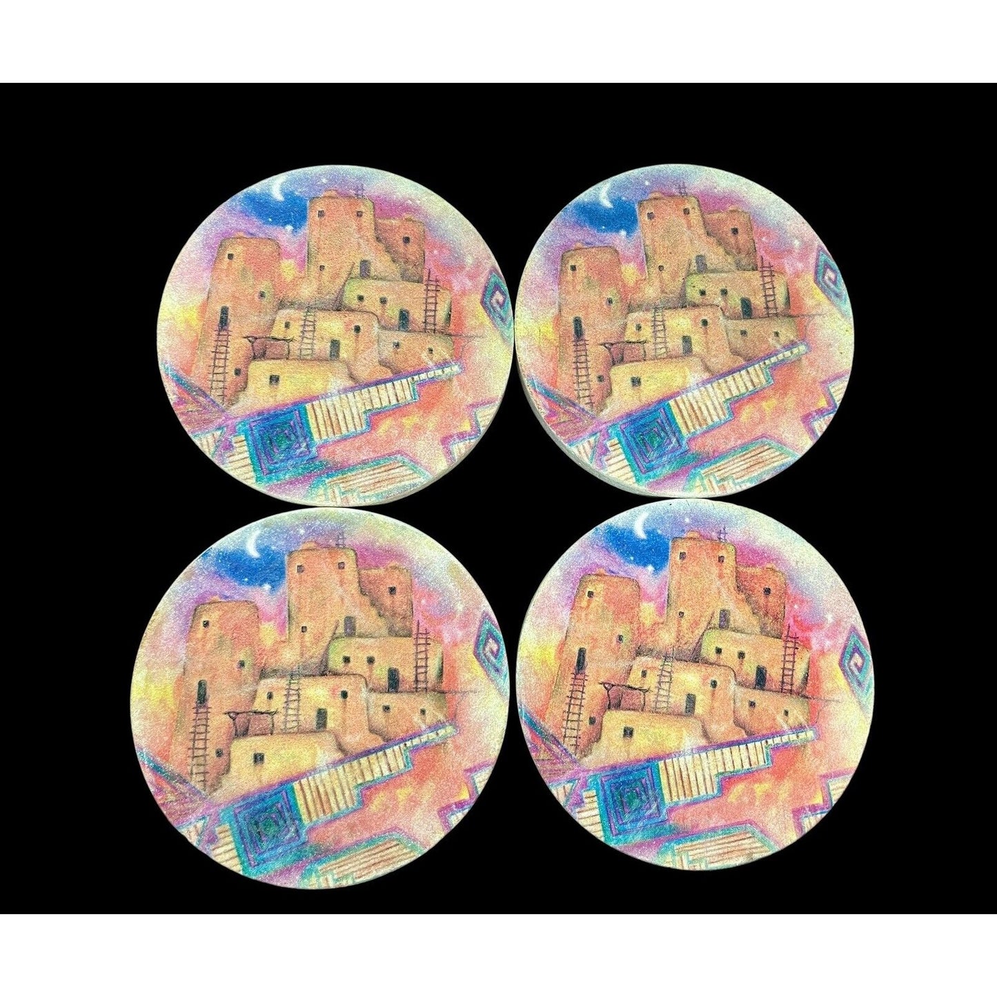 Vintage Retro Thirstystone Resources Sandstone Adobe Night Set of 4 Coasters EUC