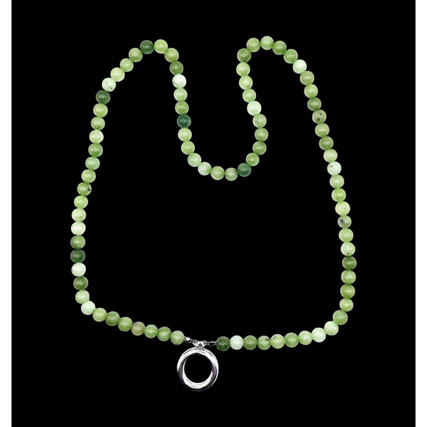 C Brand Green Jadeite Beaded Open Circle Pendant 14" Silver-tone Necklace EUC