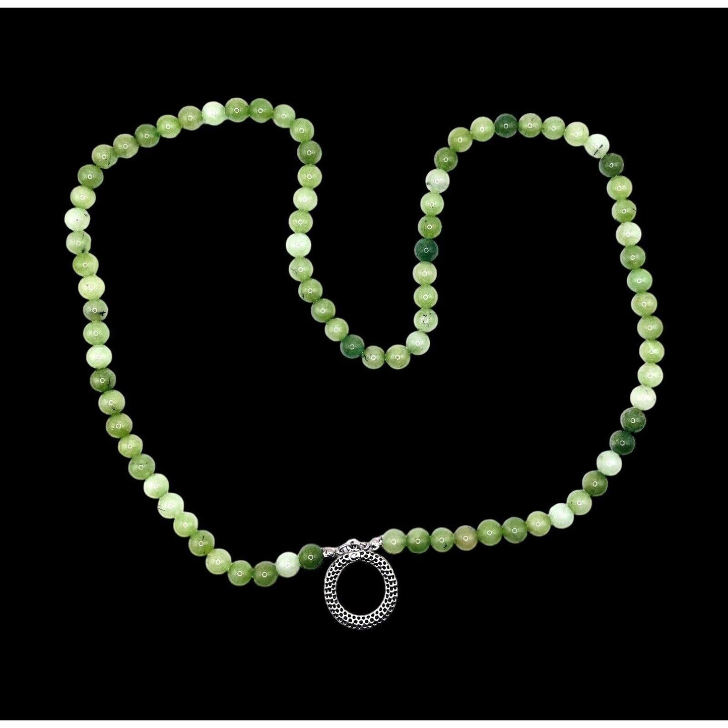 C Brand Green Jadeite Beaded Open Circle Pendant 14" Silver-tone Necklace EUC