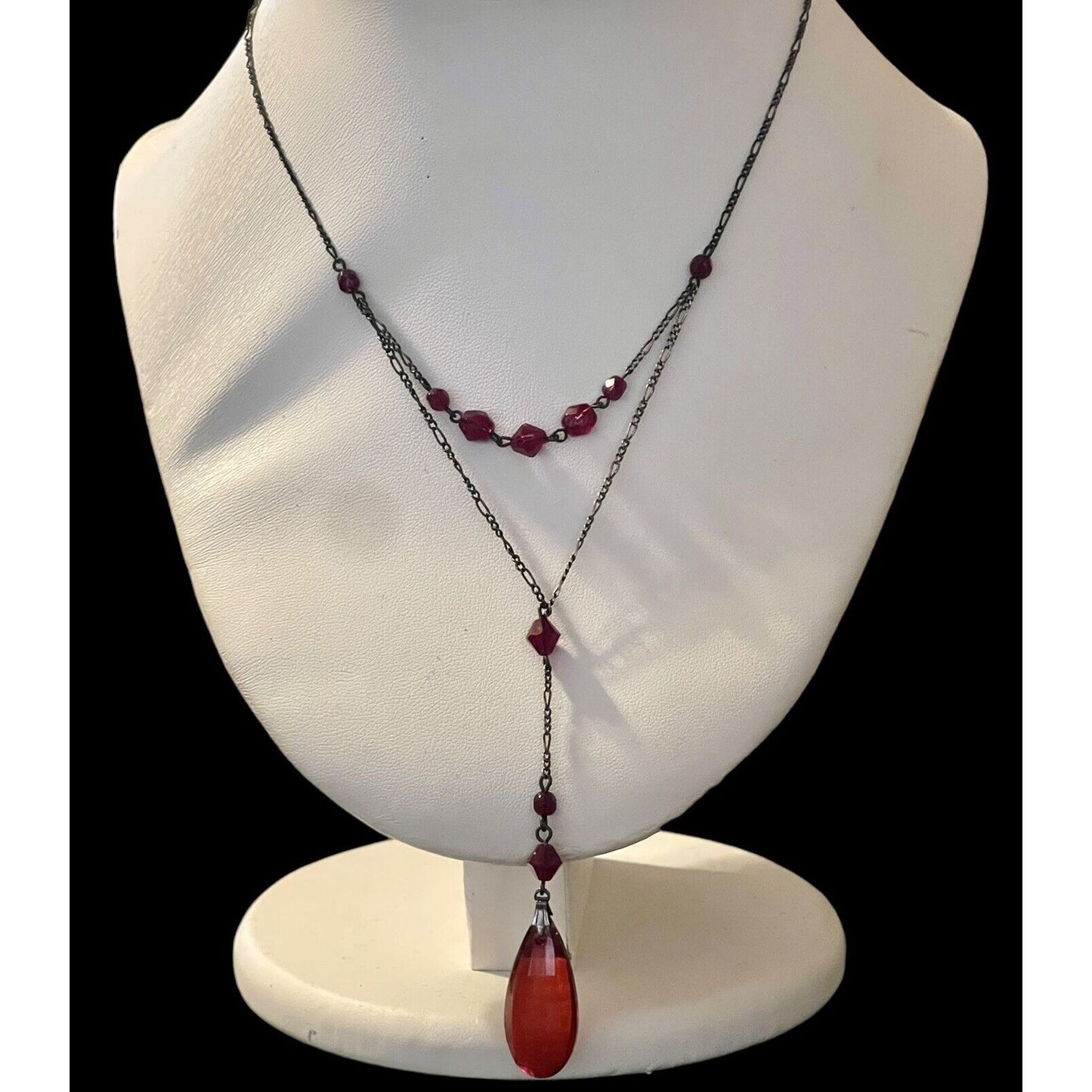 Robert Rose Y Drop Red Faceted Teardrop Pendant 24” Necklace VGUC Gorgeous
