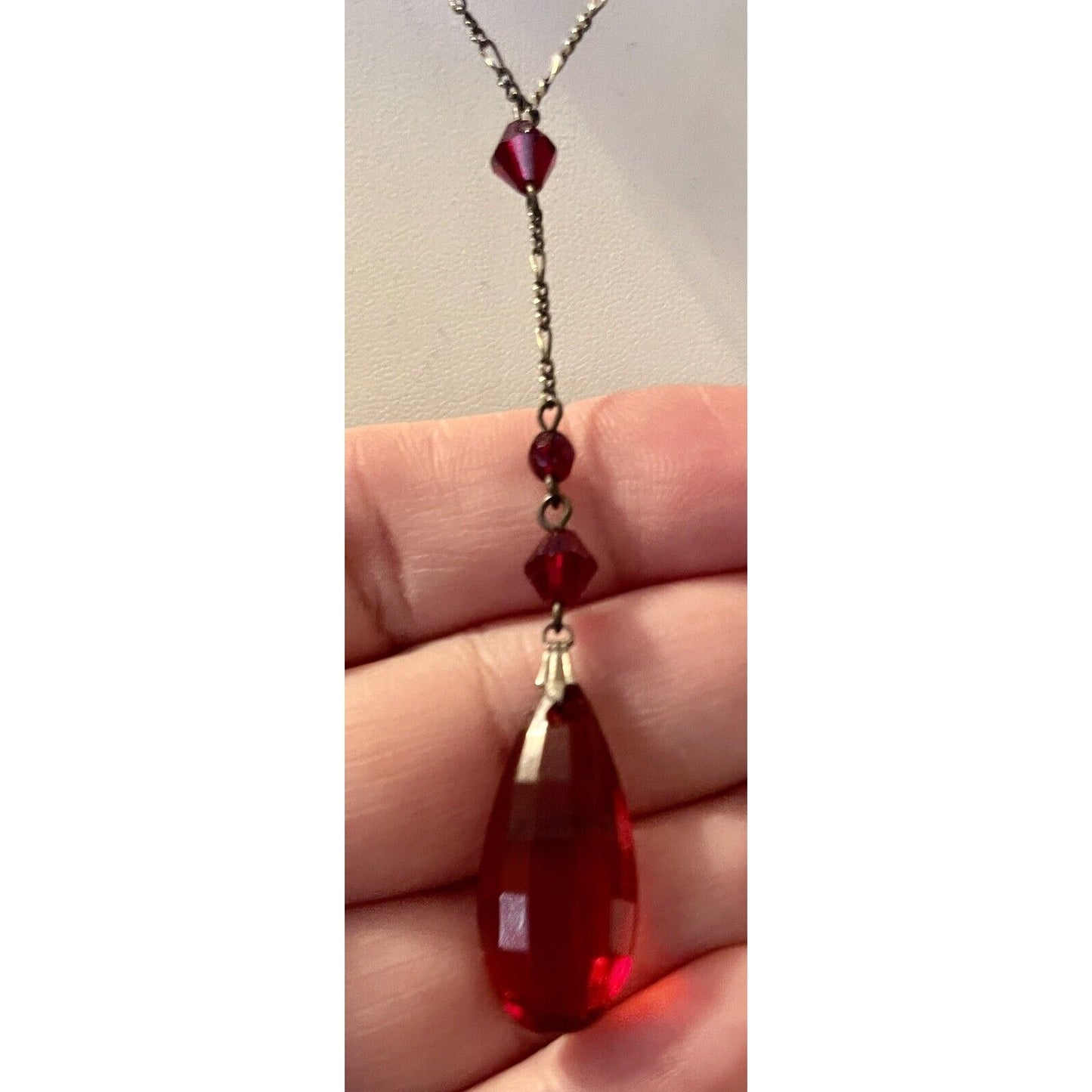 Robert Rose Y Drop Red Faceted Teardrop Pendant 24” Necklace VGUC Gorgeous