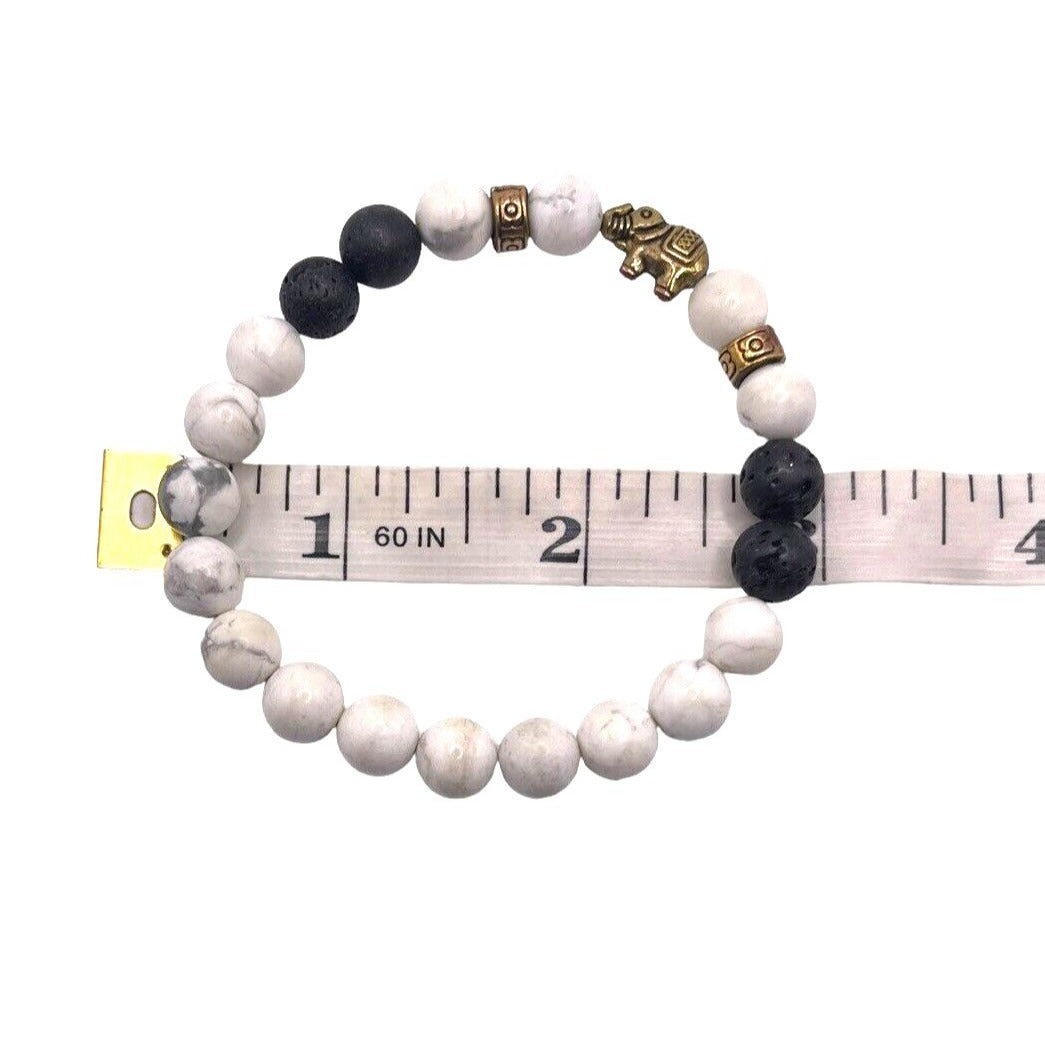 Vintage White Howlite Black Lava Beaded Elephant Charm 3" Bracelet GORGEOUS EUC