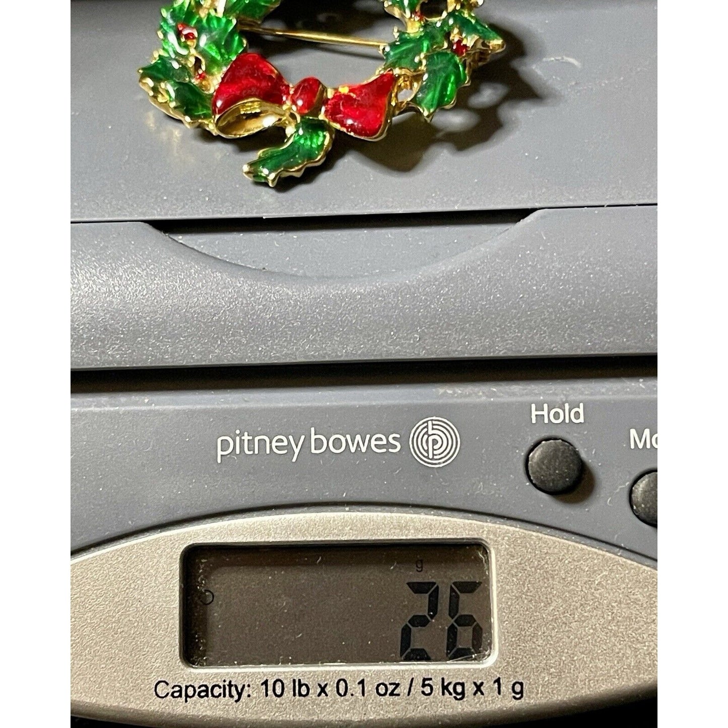 Vintage Christmas Wreath with Holly Berries-n-Red Bow Enamel 2" Gold-tone Brooch