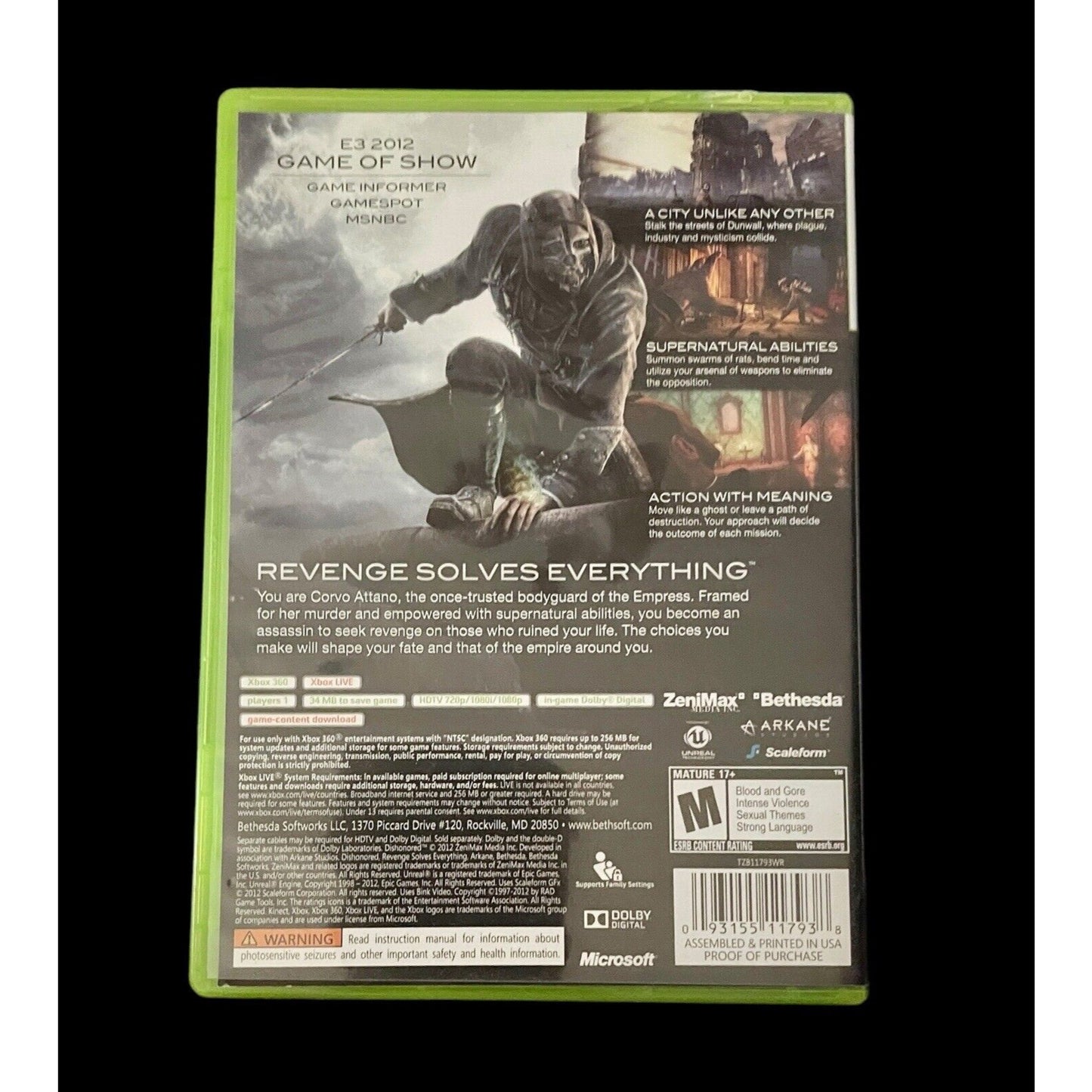 Dishonored (Microsoft Xbox 360, 2012) Complete w/ Manual - Tested Working