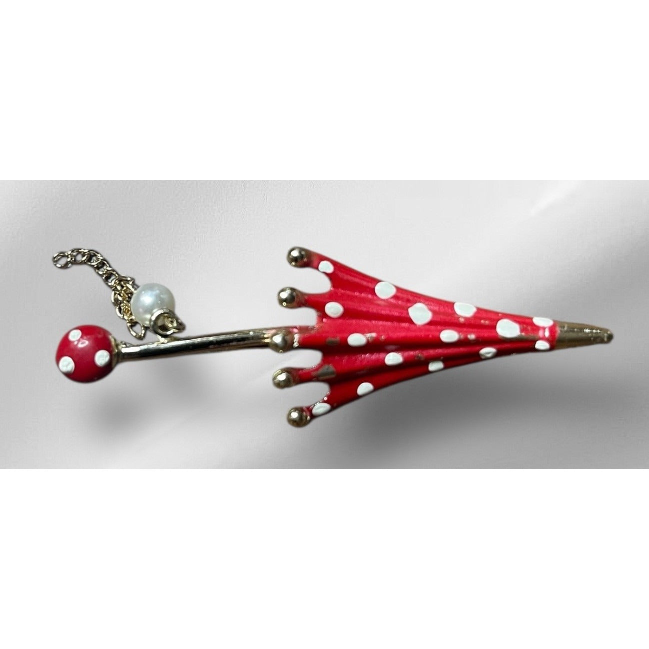 Vintage Red & White Closed Umbrella Gold-tone 2.5” Signed Brooch Pin VGUC