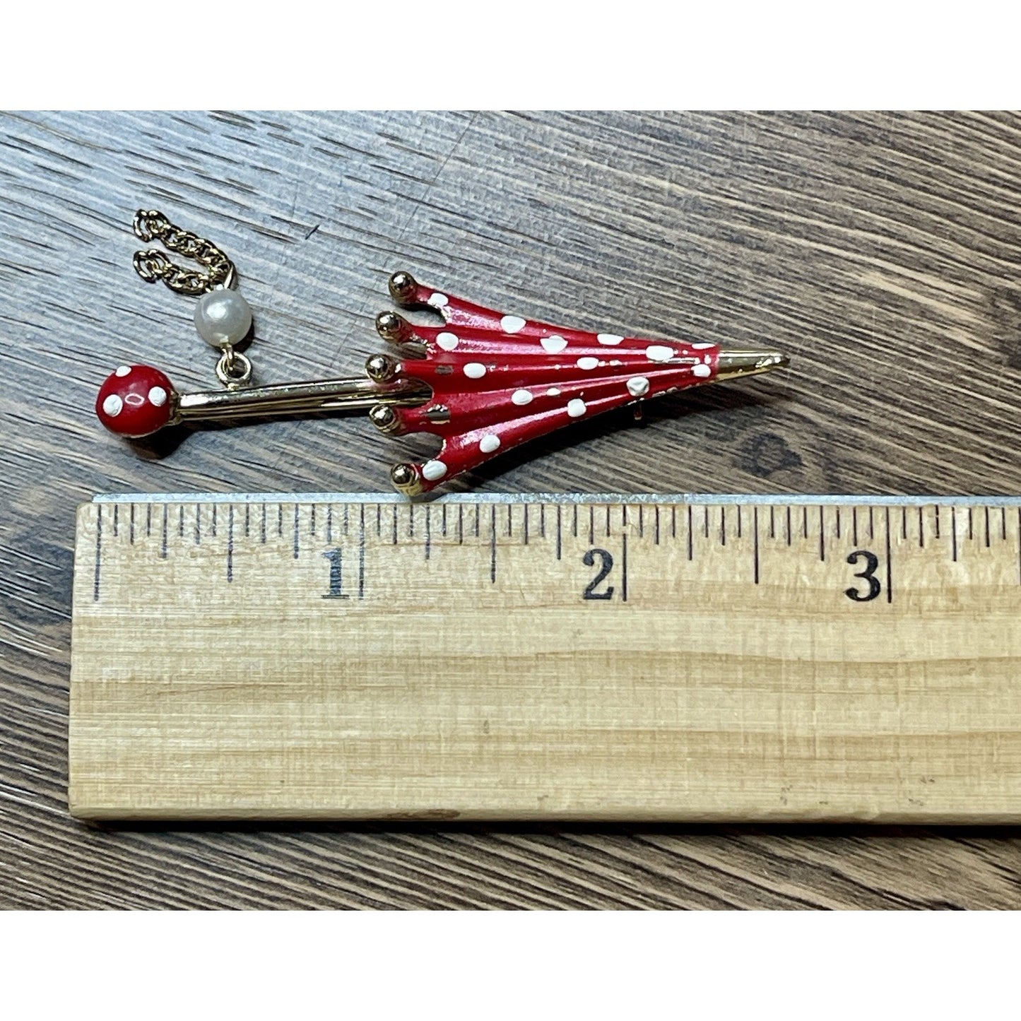Vintage Red & White Closed Umbrella Gold-tone 2.5” Signed Brooch Pin VGUC