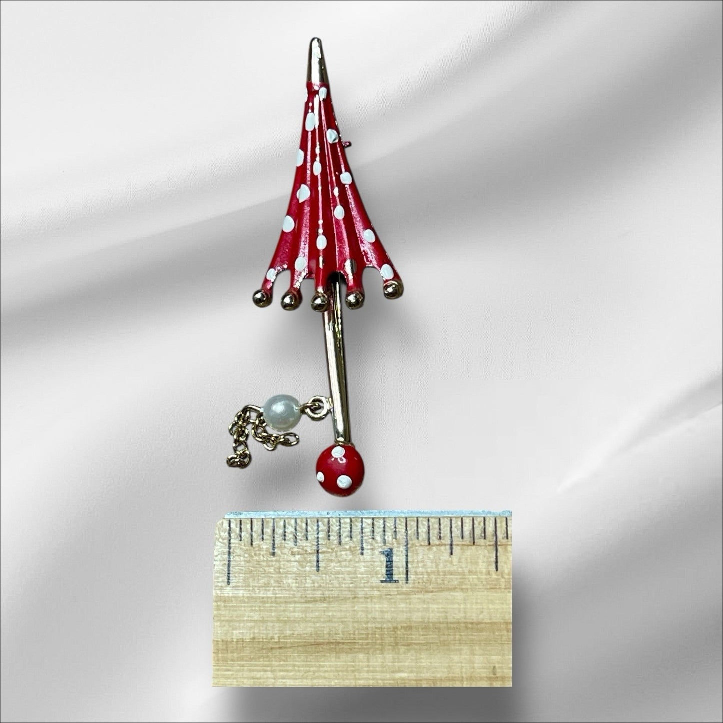 Vintage Red & White Closed Umbrella Gold-tone 2.5” Signed Brooch Pin VGUC