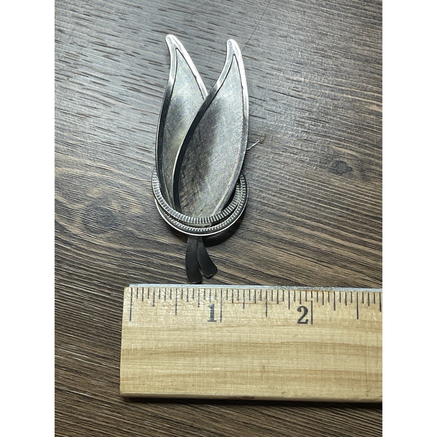 Vintage Double Leaf w/ Double Ring Textured Ribbed Silver-tone 3" Brooch EUC