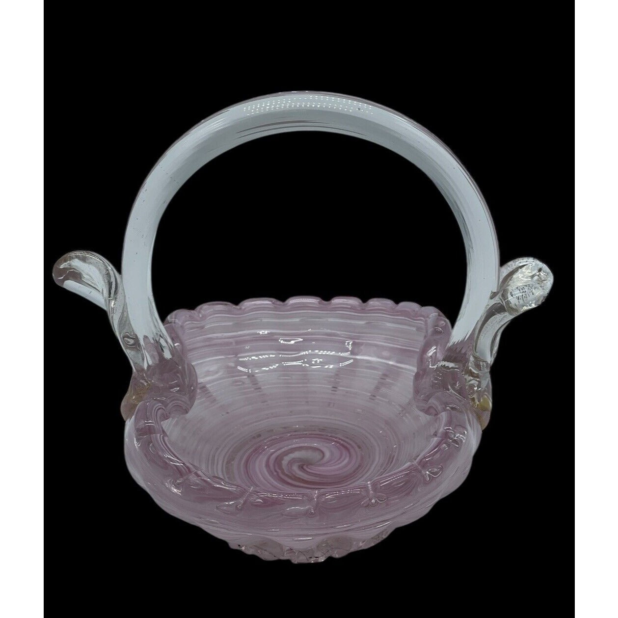 Vintage Murano Glass Basket Hand Blown With Clear Handle Pink Gold Flakes VGUC