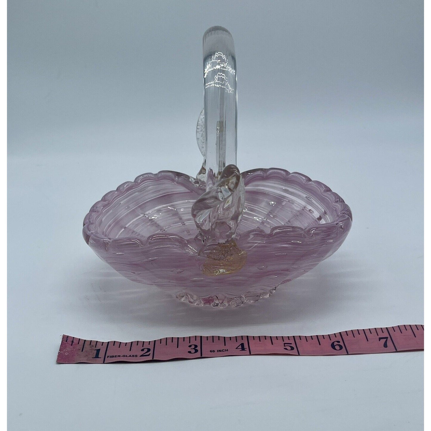 Vintage Murano Glass Basket Hand Blown With Clear Handle Pink Gold Flakes VGUC