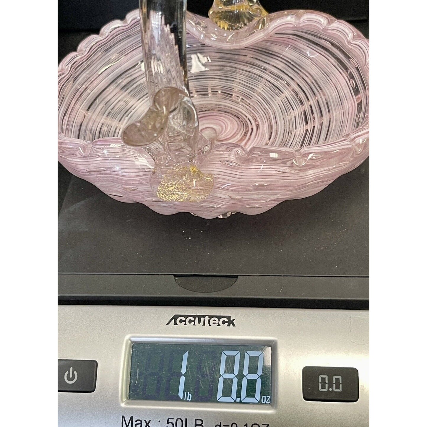 Vintage Murano Glass Basket Hand Blown With Clear Handle Pink Gold Flakes VGUC