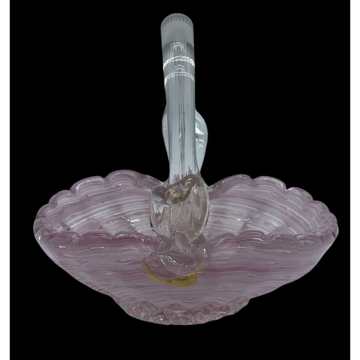Vintage Murano Glass Basket Hand Blown With Clear Handle Pink Gold Flakes VGUC