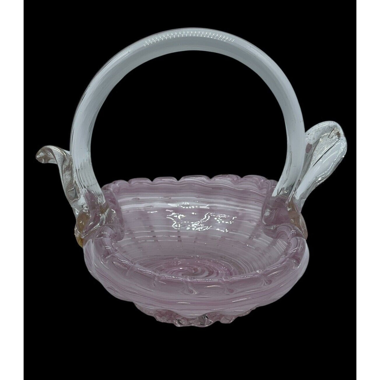 Vintage Murano Glass Basket Hand Blown With Clear Handle Pink Gold Flakes VGUC