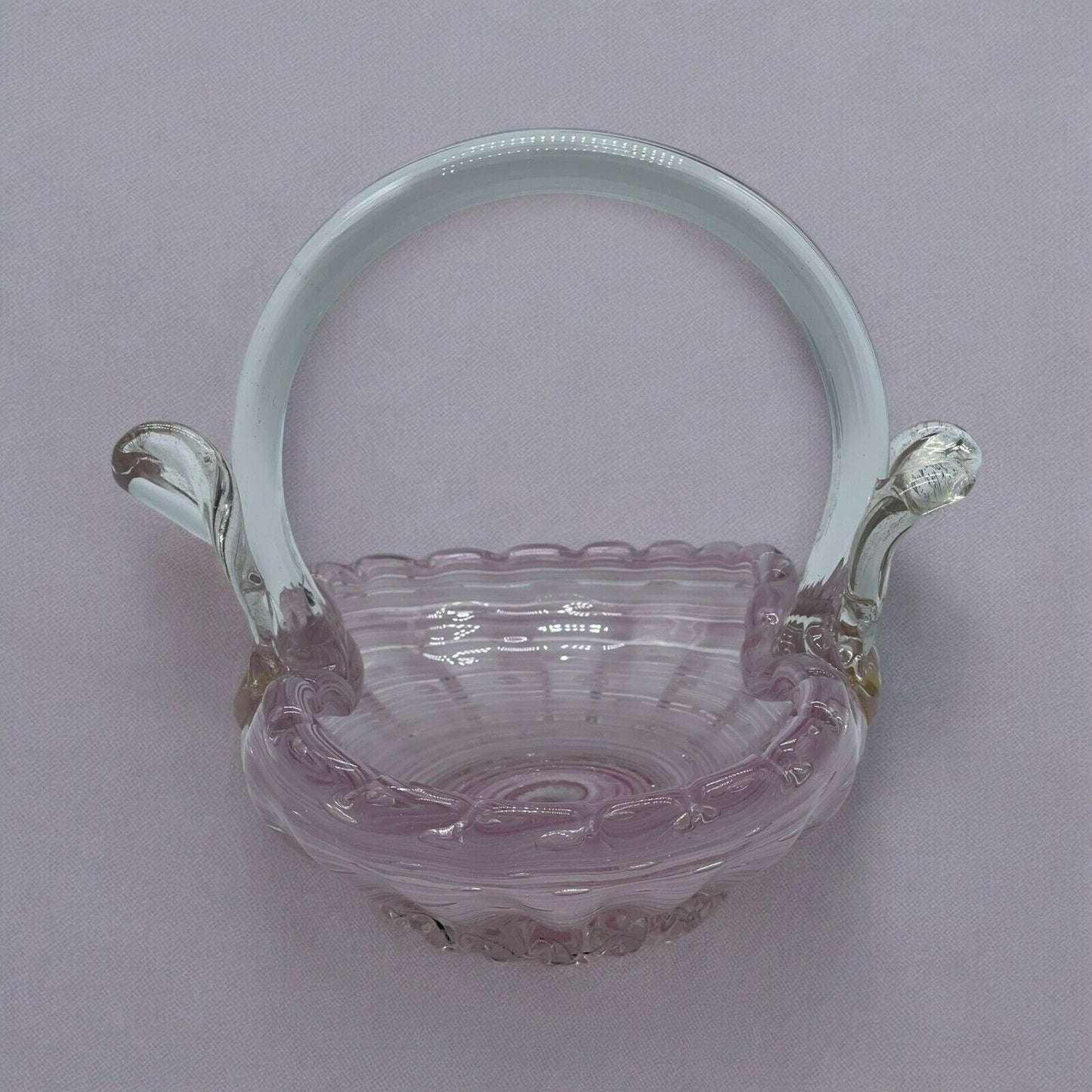 Vintage Murano Glass Basket Hand Blown With Clear Handle Pink Gold Flakes VGUC