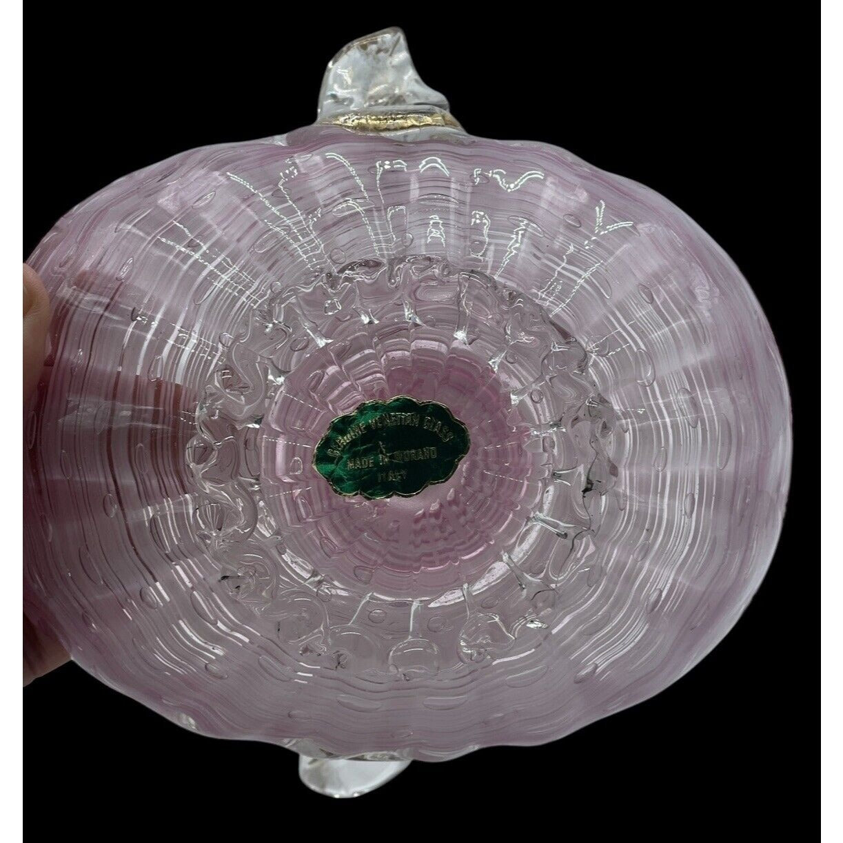 Vintage Murano Glass Basket Hand Blown With Clear Handle Pink Gold Flakes VGUC