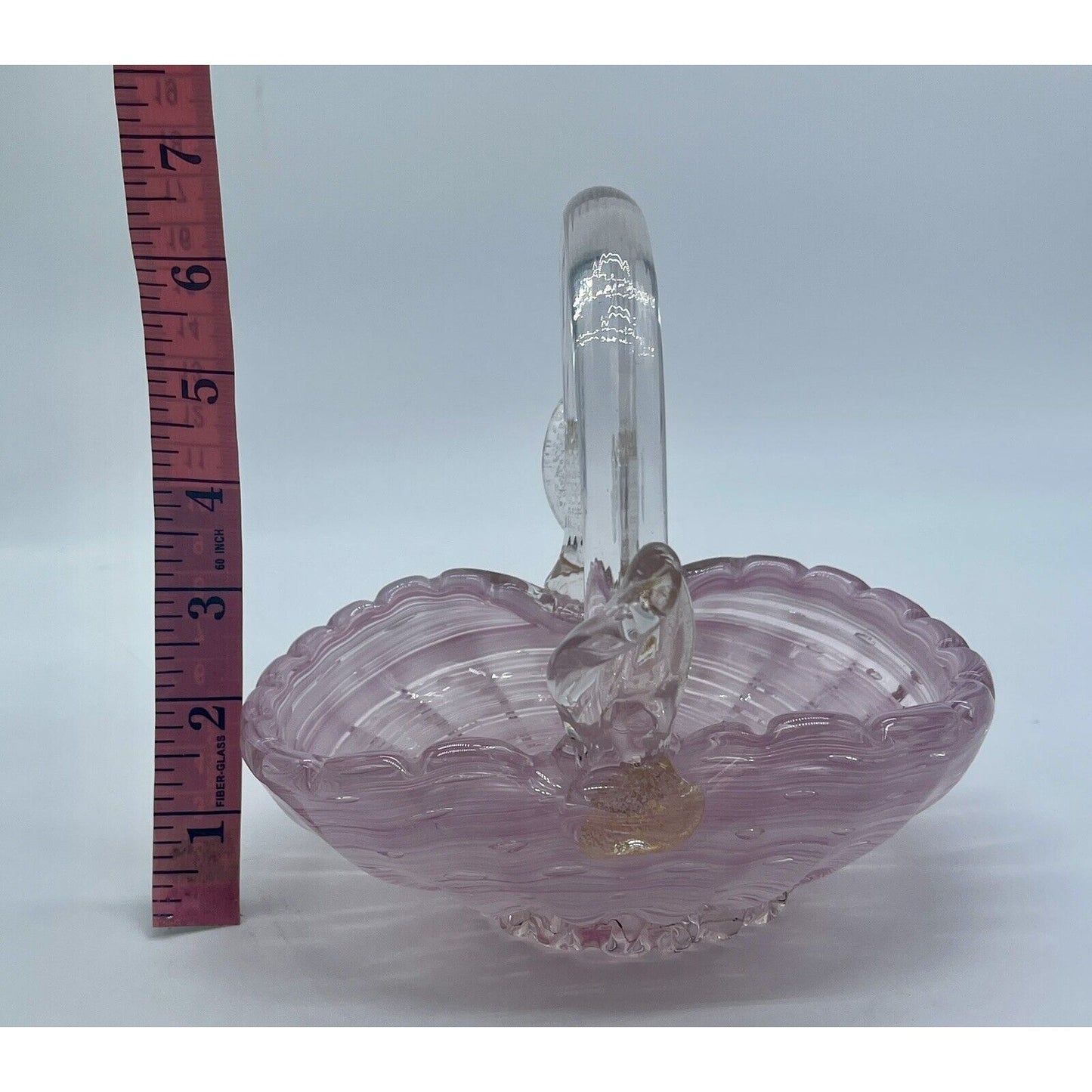 Vintage Murano Glass Basket Hand Blown With Clear Handle Pink Gold Flakes VGUC