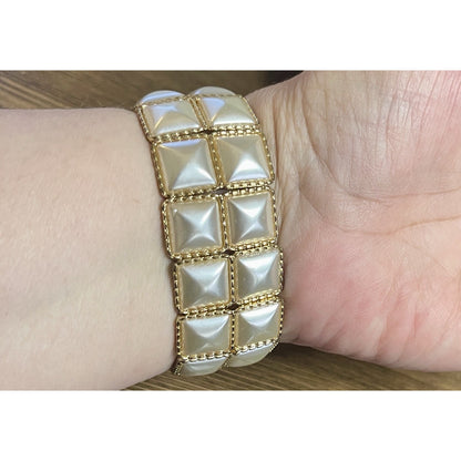Vintage Retro Art Deco Faux MOP Panel Link Gold-tone Bracelet EUC Gorgeous