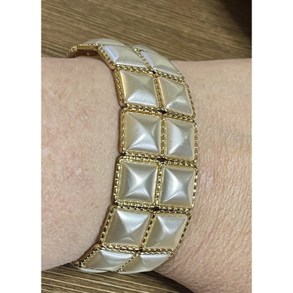 Vintage Retro Art Deco Faux MOP Panel Link Gold-tone Bracelet EUC Gorgeous