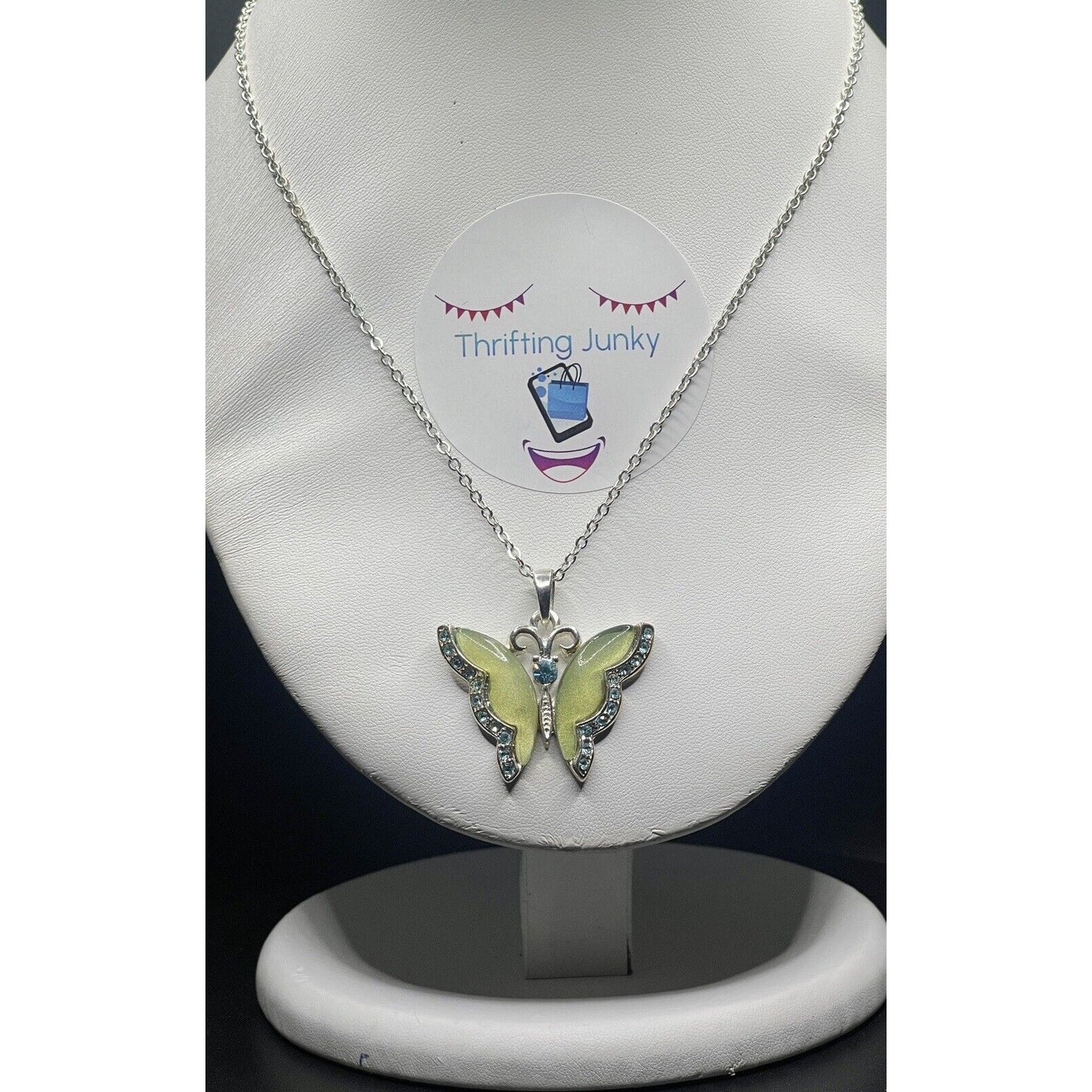 Lia Sophia Green Blue Crystals Butterfly Pendant Silver-tone 16” Necklace EUC
