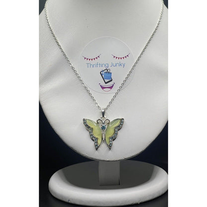 Lia Sophia Green Blue Crystals Butterfly Pendant Silver-tone 16” Necklace EUC