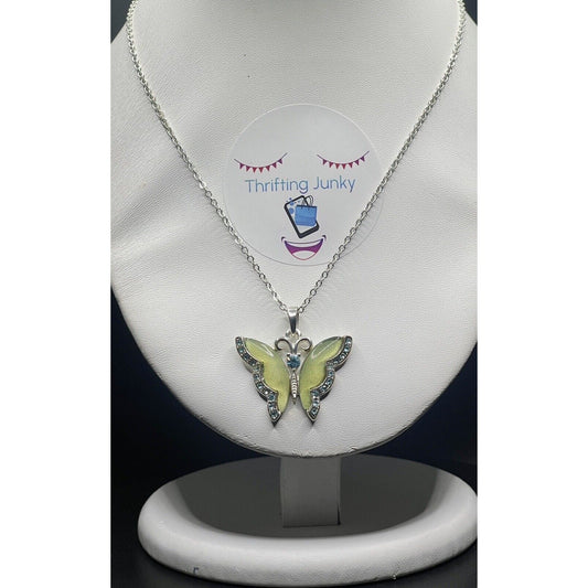 Lia Sophia Green Blue Crystals Butterfly Pendant Silver-tone 16” Necklace EUC