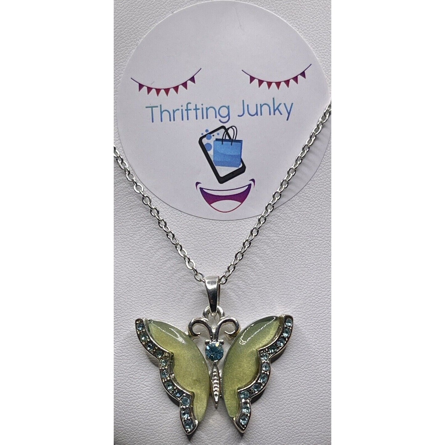 Lia Sophia Green Blue Crystals Butterfly Pendant Silver-tone 16” Necklace EUC