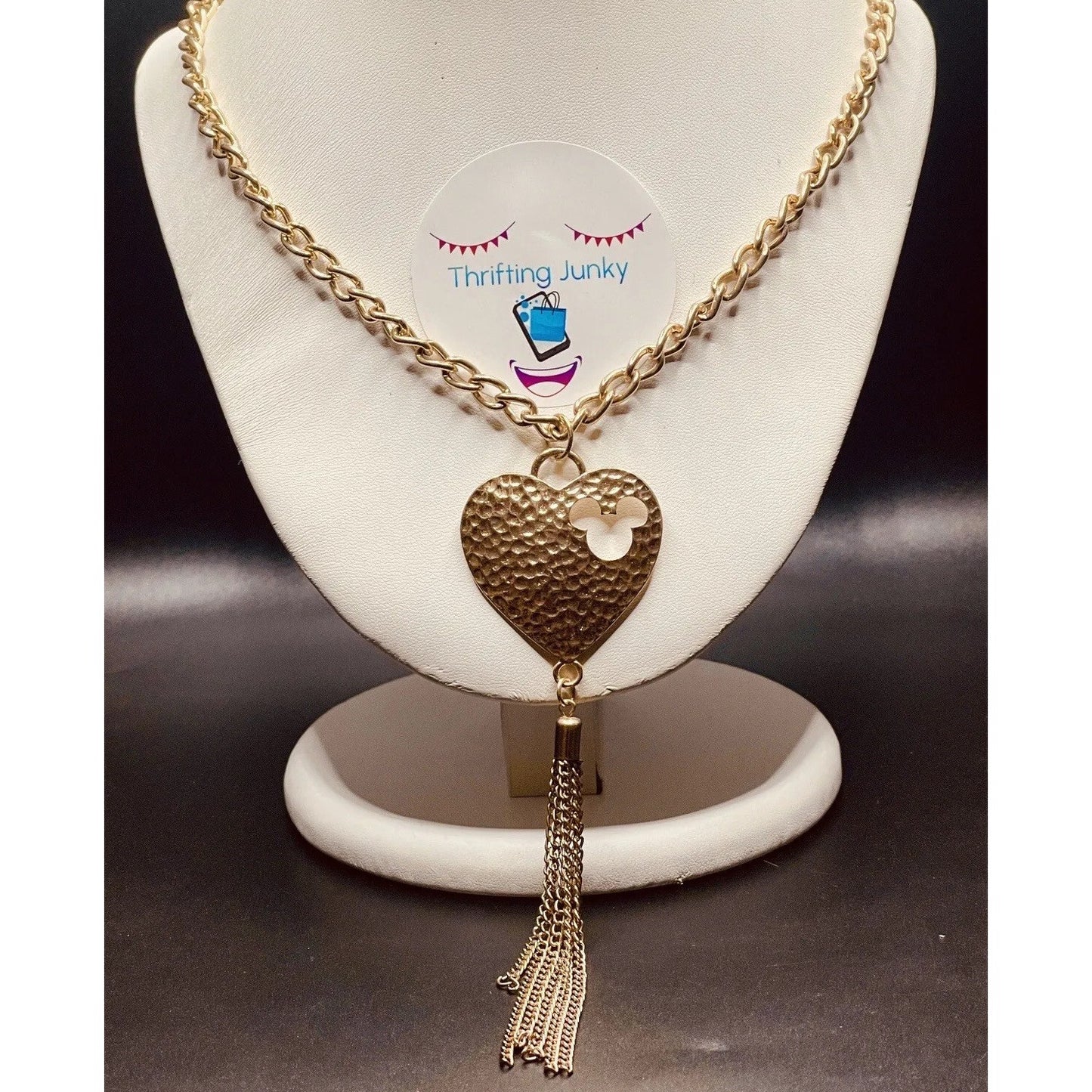 Disney Heart Mickey Cut Out Gold Tone Tassel Hammered 40" Necklace EUC Gorgeous
