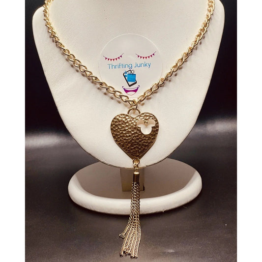 Disney Heart Mickey Cut Out Gold Tone Tassel Hammered 40" Necklace EUC Gorgeous