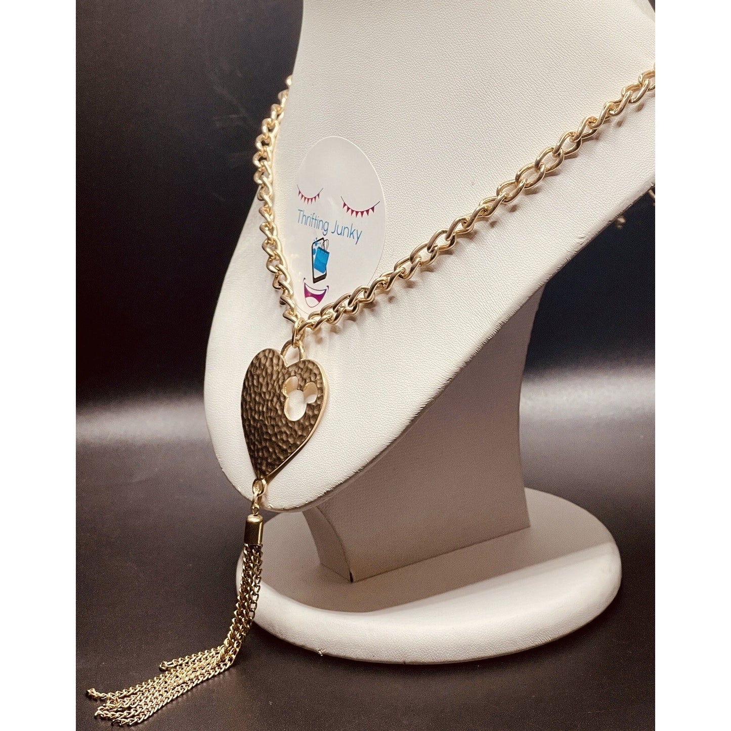 Disney Heart Mickey Cut Out Gold Tone Tassel Hammered 40" Necklace EUC Gorgeous