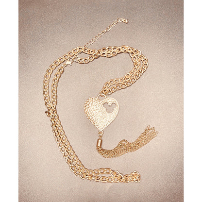 Disney Heart Mickey Cut Out Gold Tone Tassel Hammered 40" Necklace EUC Gorgeous