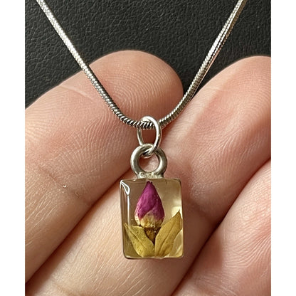 Vintage Petite Silver Dried Flower Sterling Silver 925 Pendant 23” Necklace EUC