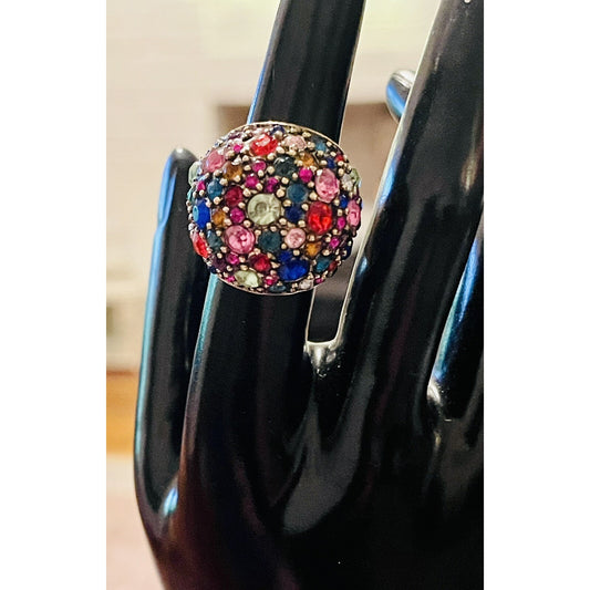 Vintage Large Heavy Dome Multi-color Rhinestones Copper Ring Size 6.5 GORGEOUS