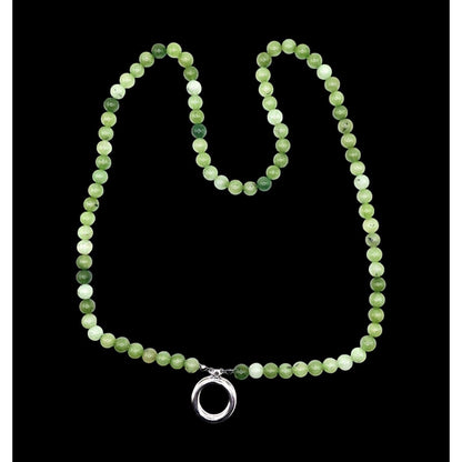 C Brand Green Jadeite Beaded Open  Circle Pendant 14" Silver-tone Necklace EUC