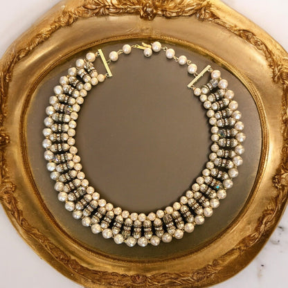 Laguna White Pearls Crystals Accent Silver-tone Gold Capped 17” Choker  VGUC