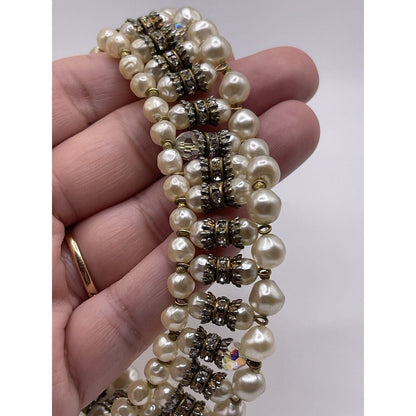 Laguna White Pearls Crystals Accent Silver-tone Gold Capped 17” Choker  VGUC