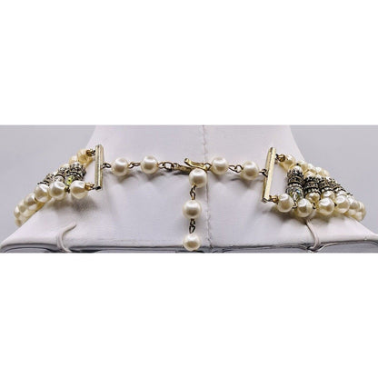 Laguna White Pearls Crystals Accent Silver-tone Gold Capped 17” Choker  VGUC