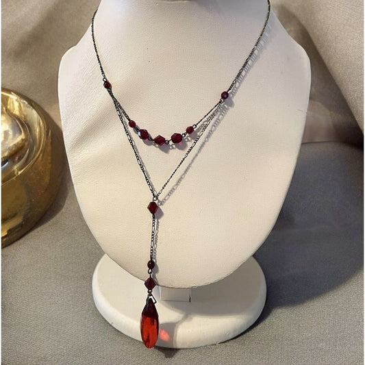 Robert Rose Y Drop Red Faceted Teardrop Pendant 24” Necklace VGUC Gorgeous