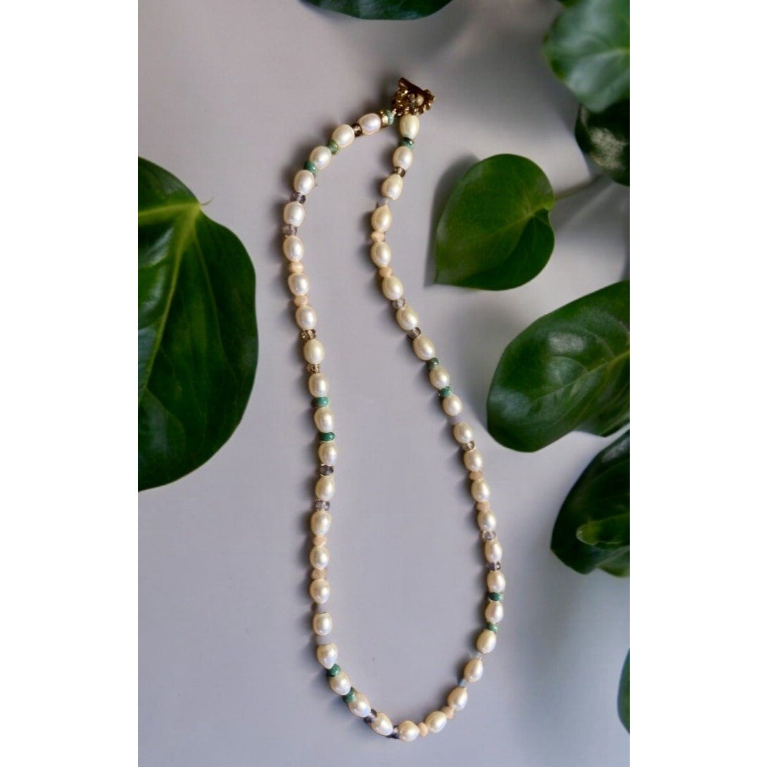 Chan Luu Freshwater Beaded Pearls, Turquoise Gems, Crystals 17" Necklace EU