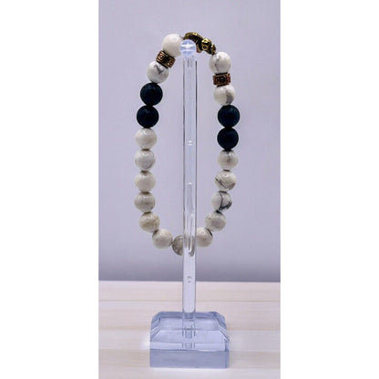 Vintage White Howlite Black Lava Beaded Elephant Charm 3" Bracelet GORGEOUS EUC