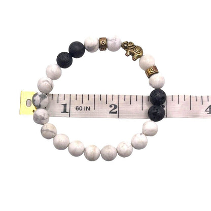 Vintage White Howlite Black Lava Beaded Elephant Charm 3" Bracelet GORGEOUS EUC