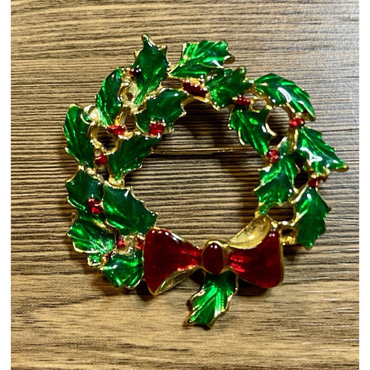 Vintage Christmas Wreath with Holly Berries-n-Red Bow Enamel 2" Gold-tone Brooch