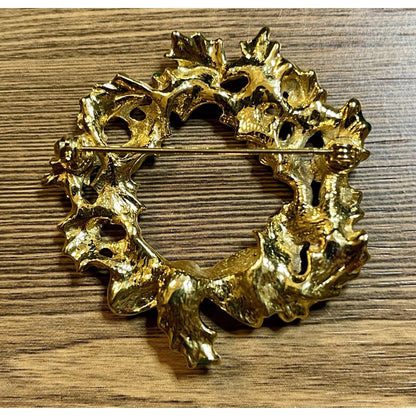 Vintage Christmas Wreath with Holly Berries-n-Red Bow Enamel 2" Gold-tone Brooch
