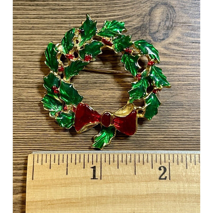 Vintage Christmas Wreath with Holly Berries-n-Red Bow Enamel 2" Gold-tone Brooch