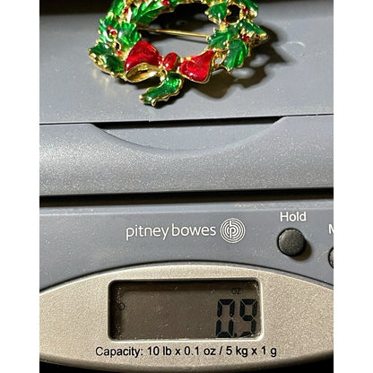 Vintage Christmas Wreath with Holly Berries-n-Red Bow Enamel 2" Gold-tone Brooch