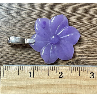 Vintage Retro Jadeite Large Flower 925 Sterling Clasp Lavender 2.5” Pendant EUC